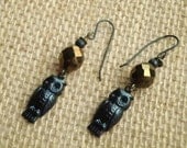 Vintaj Arte Metal black owl brown czech glass earrings
