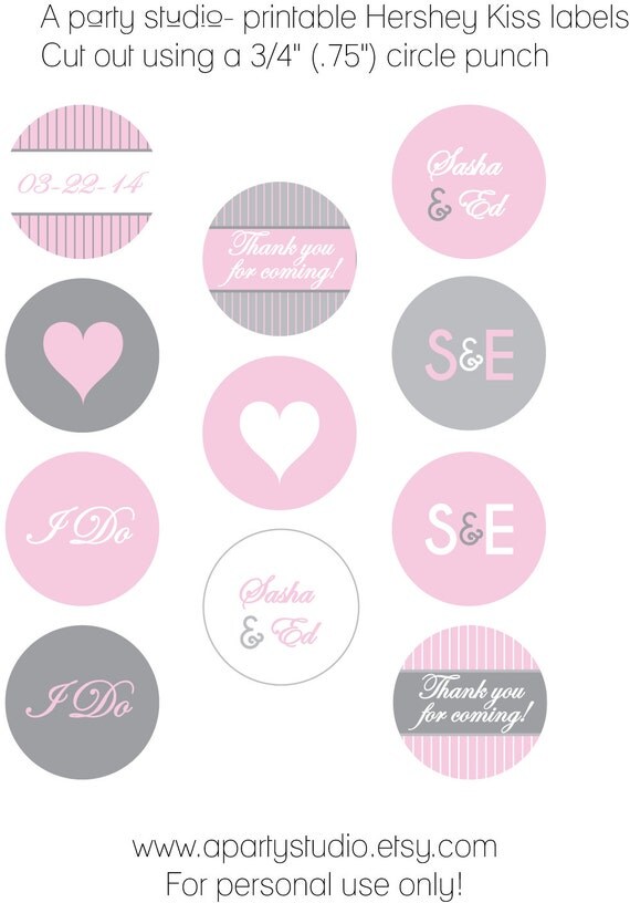 Wedding Favor- Personalized Hershey Kiss Labels in Baby Pink and Grey- Print your own Il_570xn