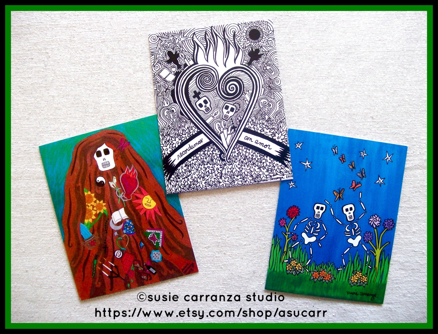 Dia de Los Muertos - set of 3 greeting cards with 3 different images of original artwork by Susie Carranza. Envelopes included.