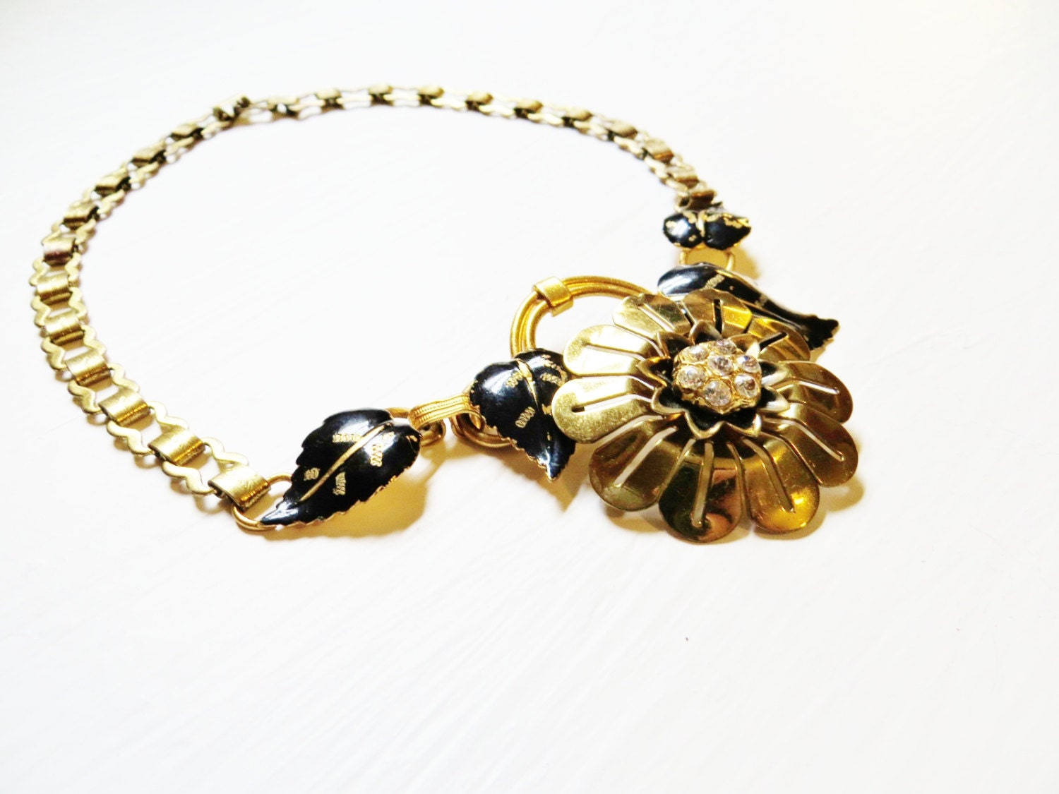 Vintage Statement Necklace Rhinestones Huge Gold Flowers Black Enamel Leaves Asymmetrical Book Chain Collar Choker