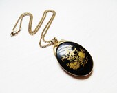 Vintage Pendant Necklace Black Glass Gold Enamel Scales Flowers Victorian Revival 1950s Jewelry