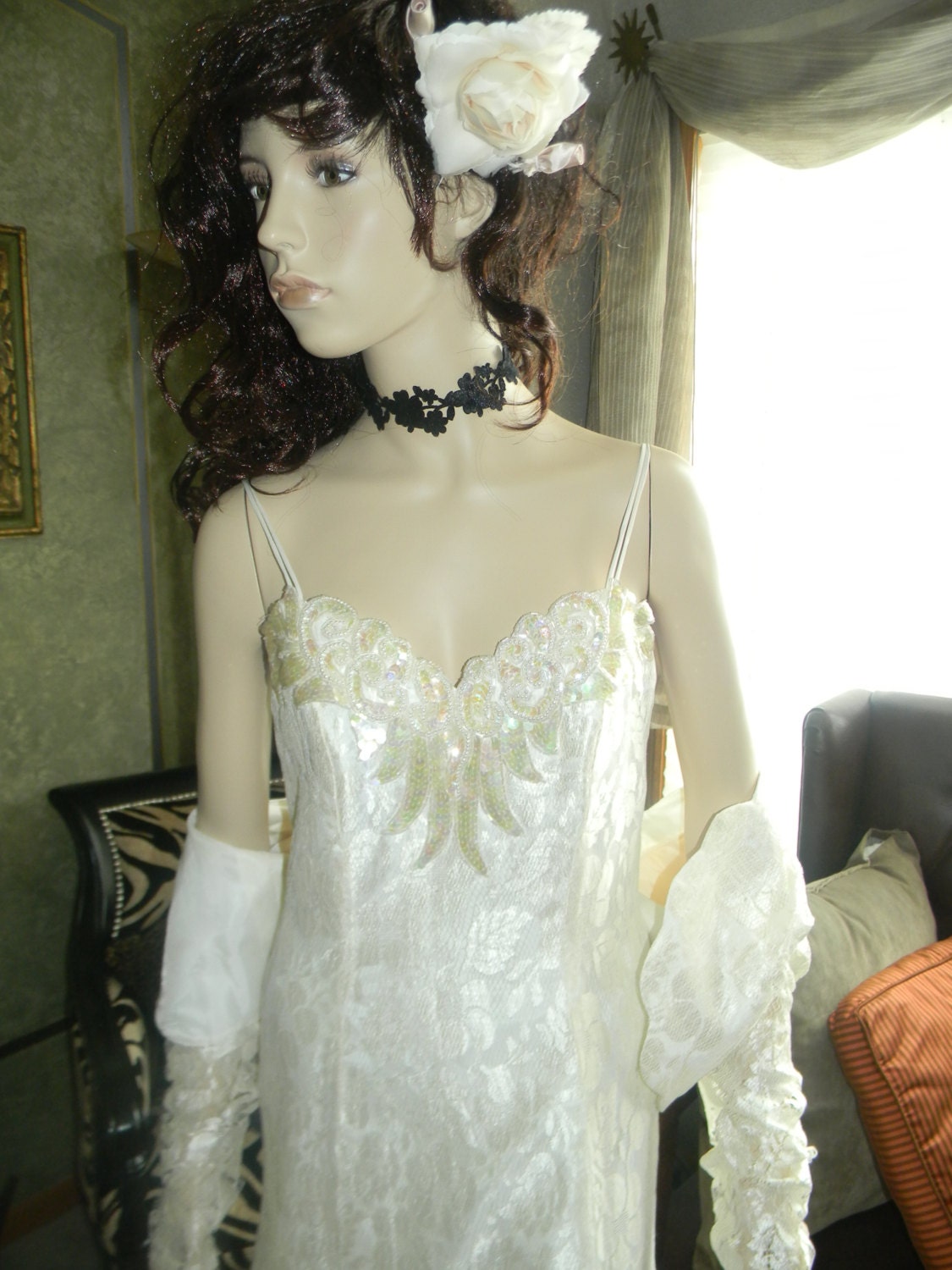 Authentic Ivory Bridal Prom Wedding Gown.Sequins & Beading ART DECO STYLE.Rare Matching  Formal Bolero Jacket