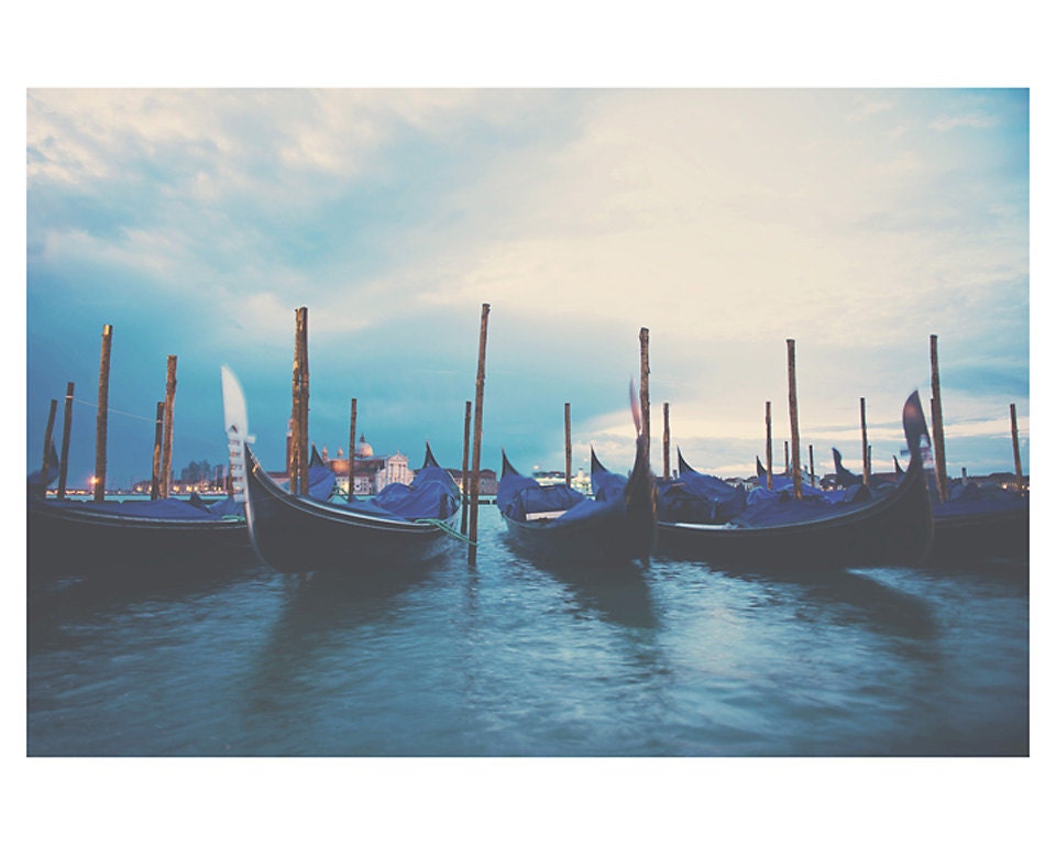 venice gondola photo print - whimsical fine art color photography, landscape, travel, italy, blue, dawn, reflection, water - 10x8