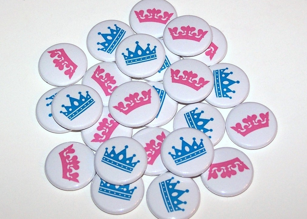 Gender Reveal Party Princess and Prince Crowns 1 Inch Pin Back Buttons 1" Pins Baby Shower Pink Blue