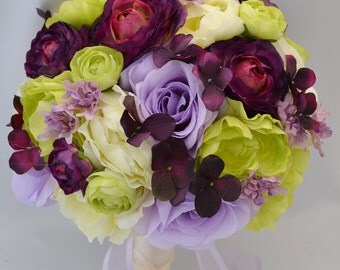 17pcs Wedding Bridal Bouquet Silk Flower Decoration PLUM LAVENDER GREEN "Lily of Angeles"