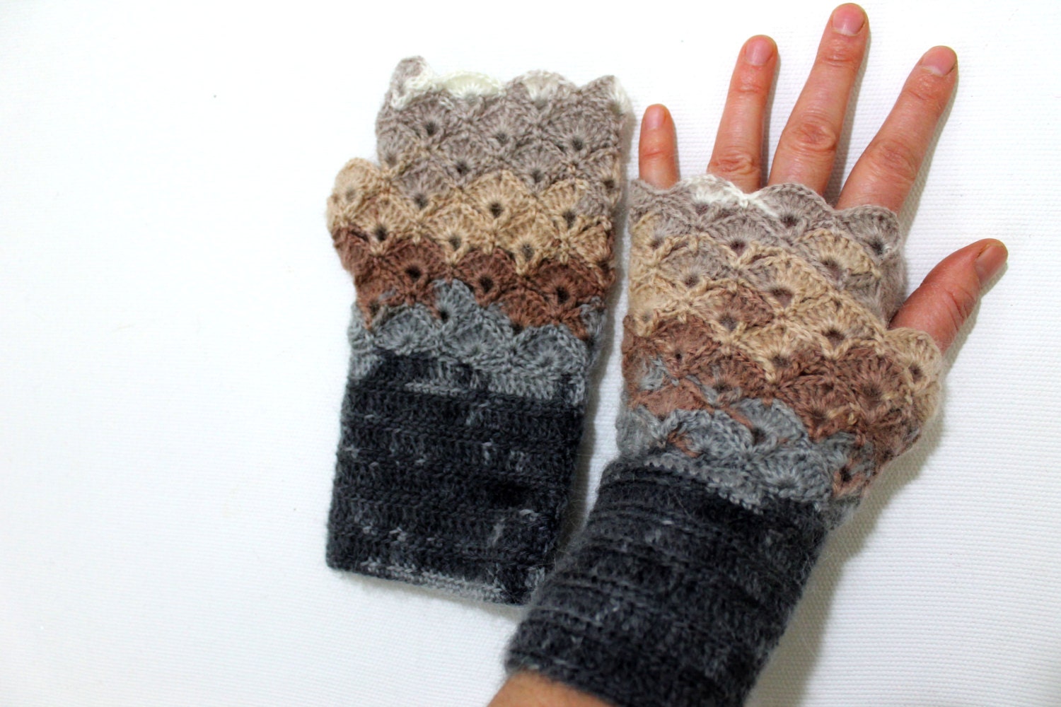 Hand Crochet Fingerless Gloves / Arm Mittens / Front page / winter fashion/ Valentines Gift / Gray, Beige, Brown. xoxo