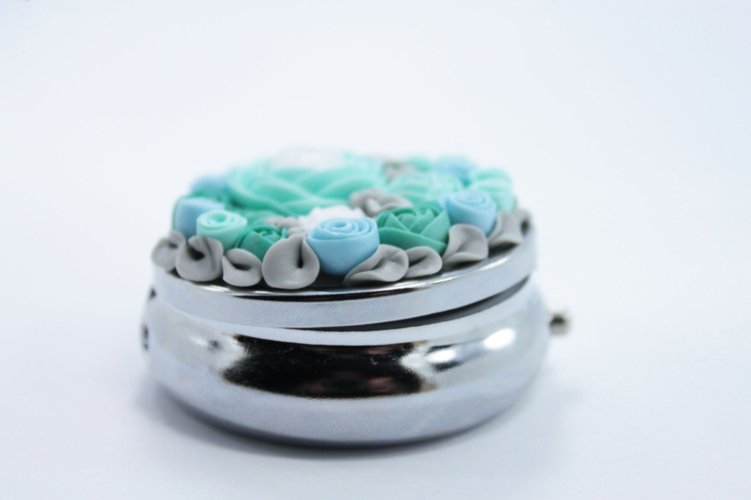 Pill Box or Mint Box - Blue,  turquoise and White flowers, Silver Tone