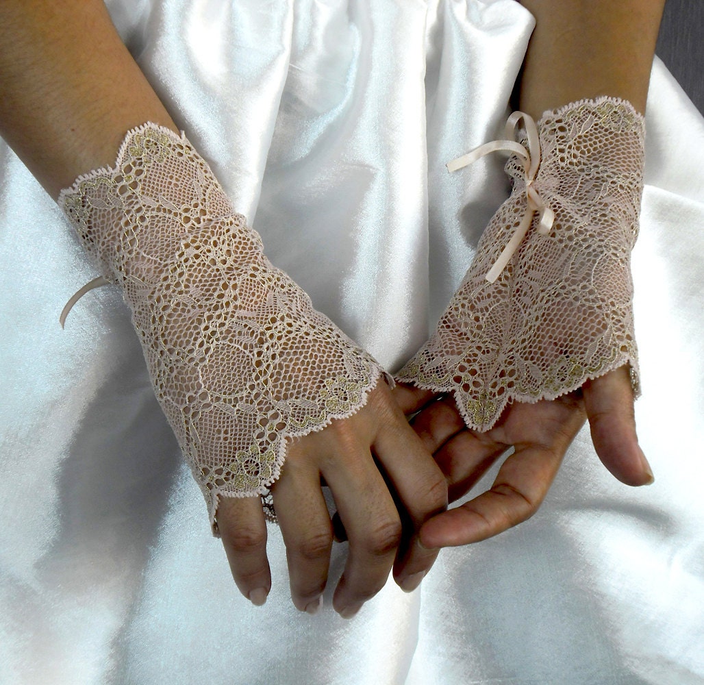 Stretchy Lace Bridal Wrist Cuffs - Fingerless Gloves in Salmon Color. Handmade Weddings.