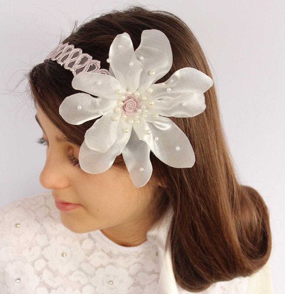 Wedding Hair Flower Headband Made Organza Fabric, Accented with Pearl Beads and Rose. Handmade. OOAK