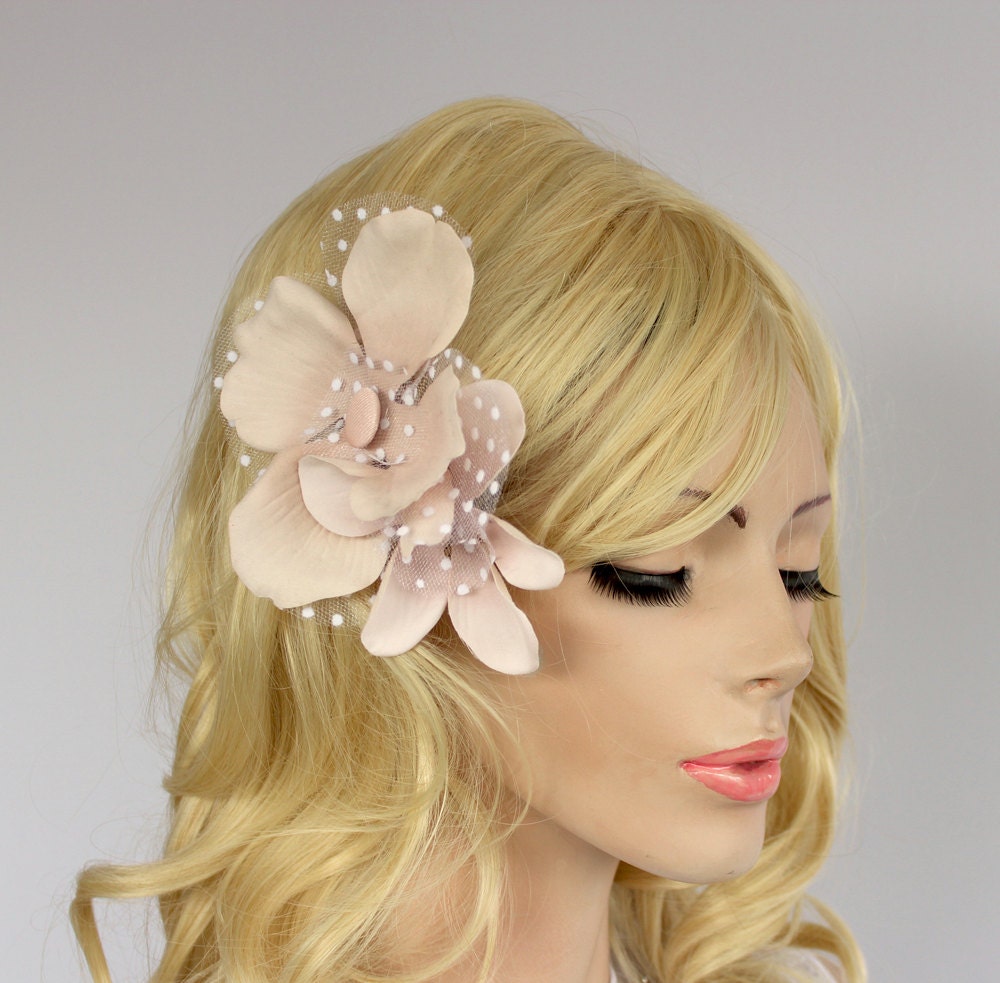 Bridal Silk Hair Flower Fascinator, Weddings Head Piece in Blush Powder Pink Fabric and Polka Dot White Tulle. Handmade. OOAK.
