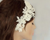 Wedding Fascinator, Bridal Headband Made with Ivory Floral Lacy Tulle Applique. Handmade