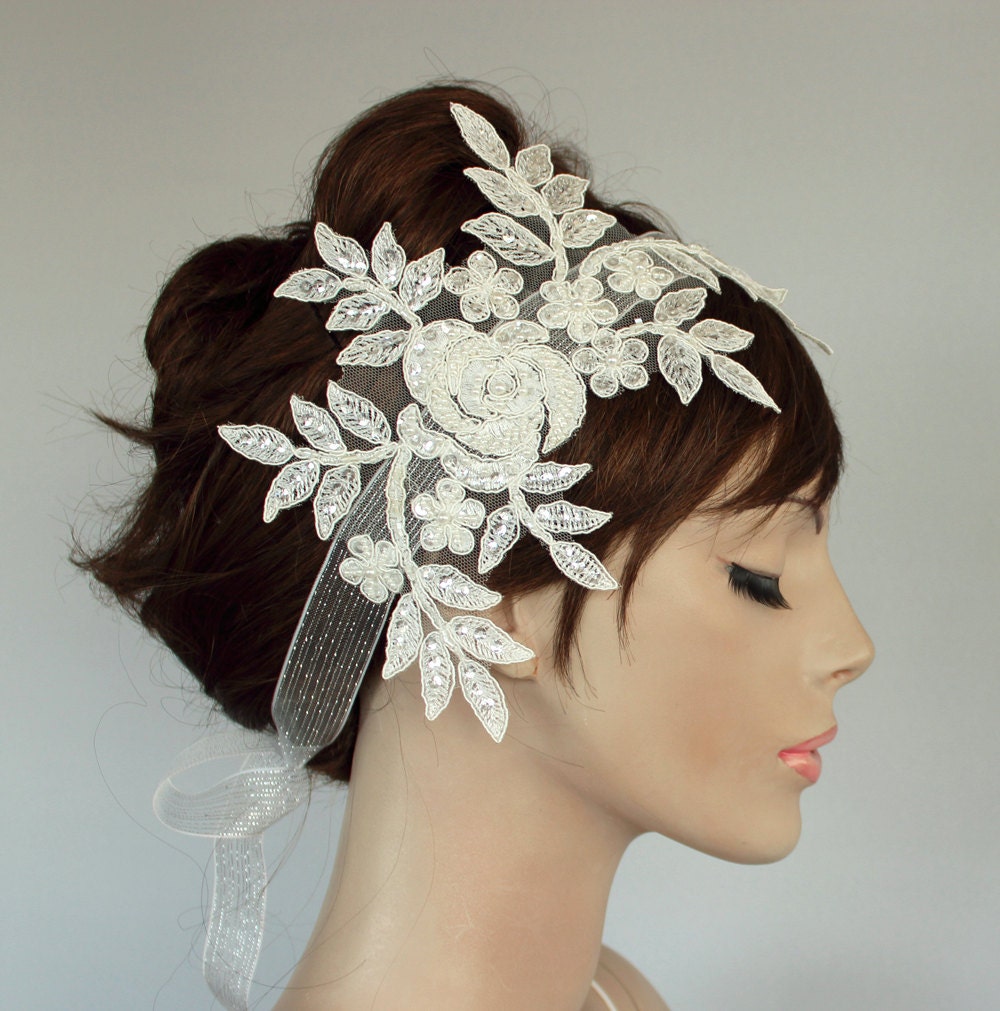 Ivory Cream Beady Weddings Fascinator, Bridal Head Piece, Headband in Venetian Lace Applique. Handmade