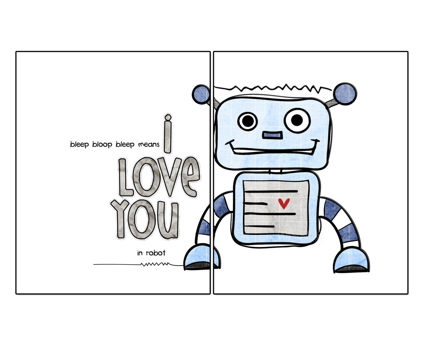 Boys Nursery Wall Art Robot Love Digital Art Print Typography Poster - I Love You in Robot - Nursery Art - Little Boy Blue