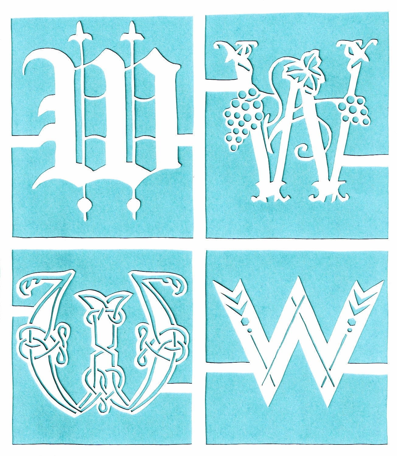 The Letter W - Handmade Original Paper Cutting - Alphabet  - YOUR COLOR CHOICES 4  fonts of the letter W - 8"x10"