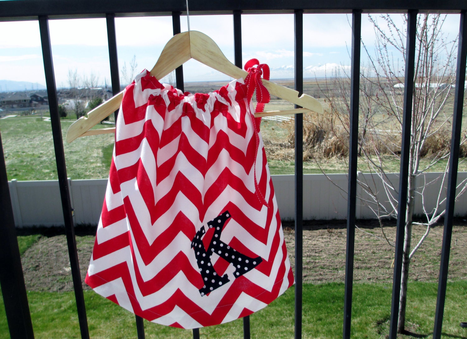 Summer girl, toddler, designer baby red, white chevron fabric sundress personalized initial or number sizes NB-12 Fun for birthdays