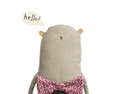 Toy Bear, Handmade Bear, Plush Bear, Handmade Bear, Bow Tie, Vintage Fabric, Art Doll, Poosac, Brown, Pink