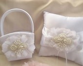 Flower Girl Basket, White Ring Bearer Pillow and Flower Girl Basket Set, Petals and Pearls