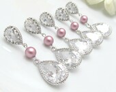 Pink Pearls Bridal Earrings Cubic Zirconia Teardrop Earrings Swarovski Rose Powder Pearls Sterling Silver Post Bridesmaid Gift Pearl Jewelry