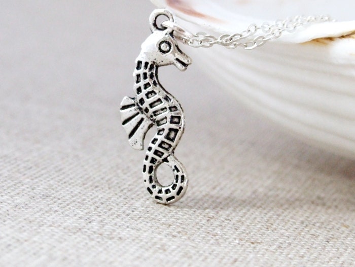 Seahorse Necklace - Tiny Antique Silver Seahorse Charm Necklace - Nautical jewelry - Beach  Necklace