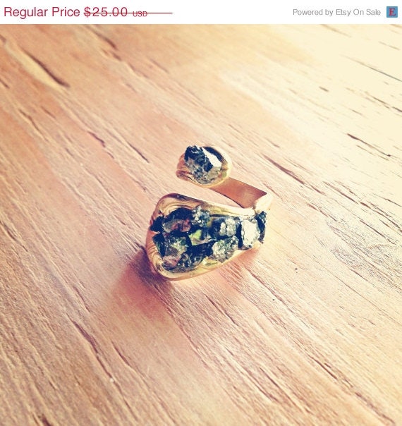 ON SALE NOW Handmade Pyrite Brass Adjustable Ring, Spoon Handle Ring, Pyrite Ring, Stone Ring, Fools Gold, Ooak