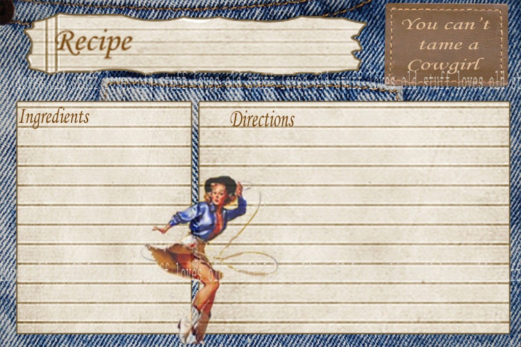 Recipe Card Pin Up 4x6 Cowgirl Funny Printable Digital