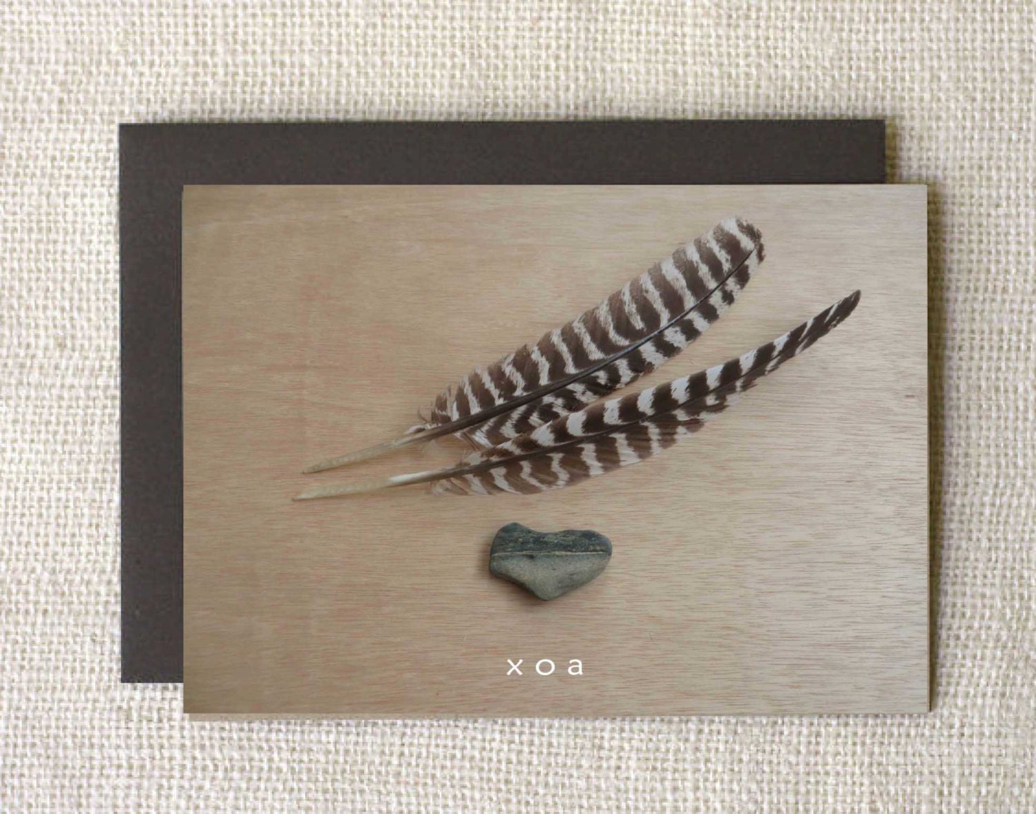 CARD, heart stone & 2 feathers, XOA, with envelope, blank, earthy, contemporary, ranch-wise - FreeRangeCowgirl CARD, heart stone & 2 feathers, XOA, with envelope, blank, earthy, contemporary, ranch-wise - FreeRangeCowgirl