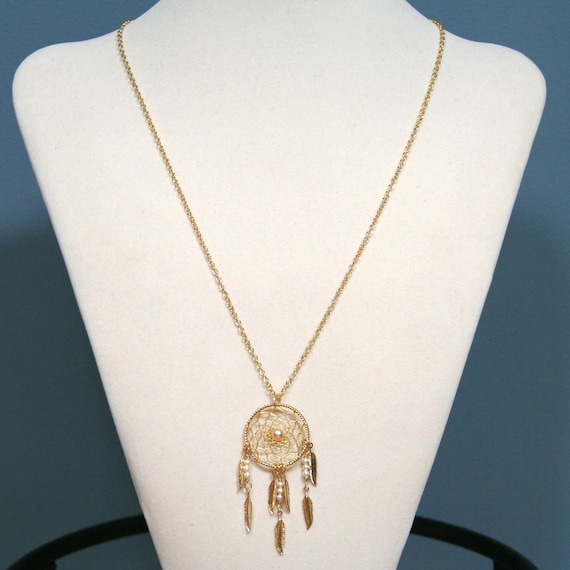 Dream Catcher Pearl & Gold Dreamcatcher Necklace with Feathers
