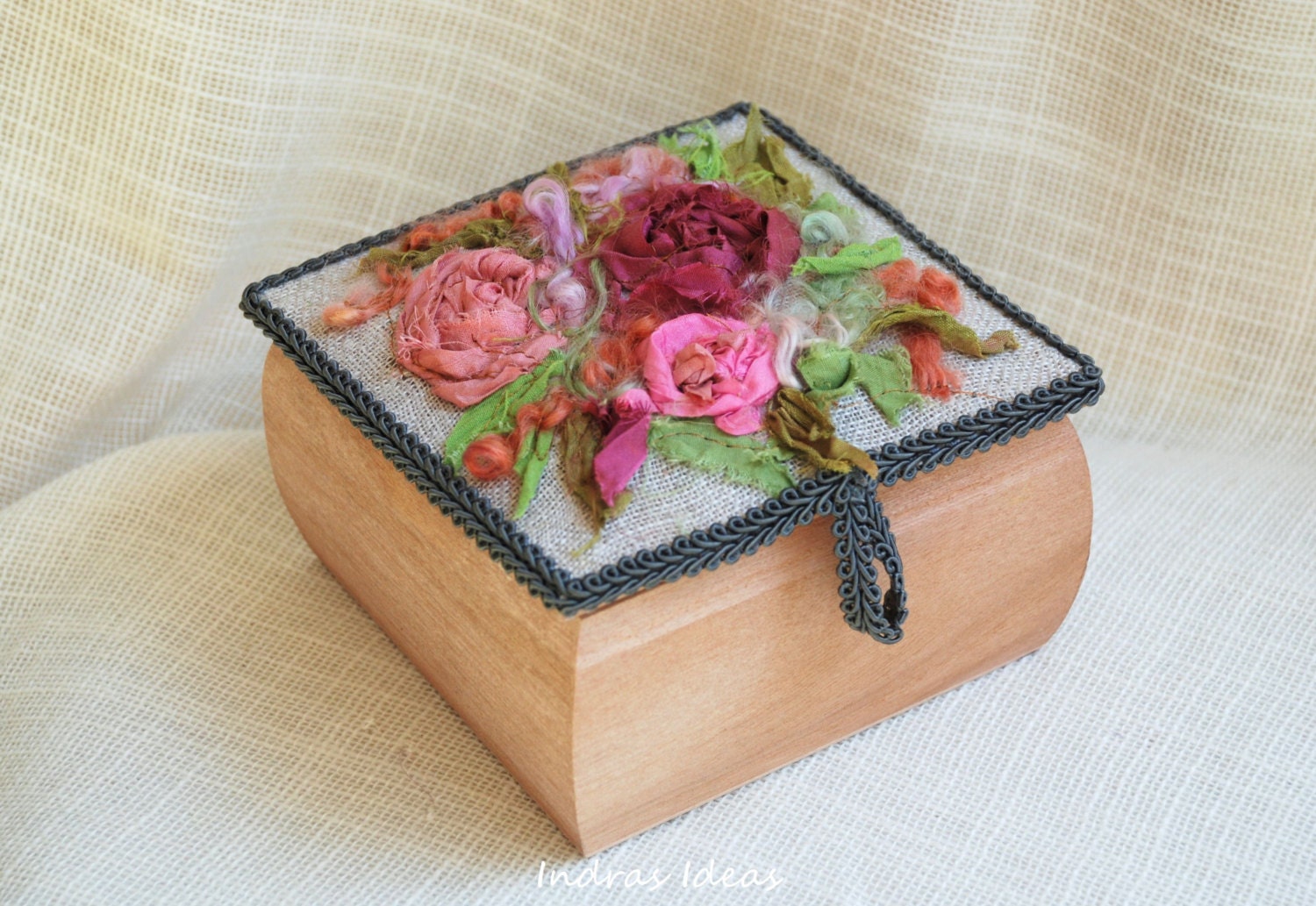 Wooden Jewelry Box-Keepsake Box with yellow roses embroidery.