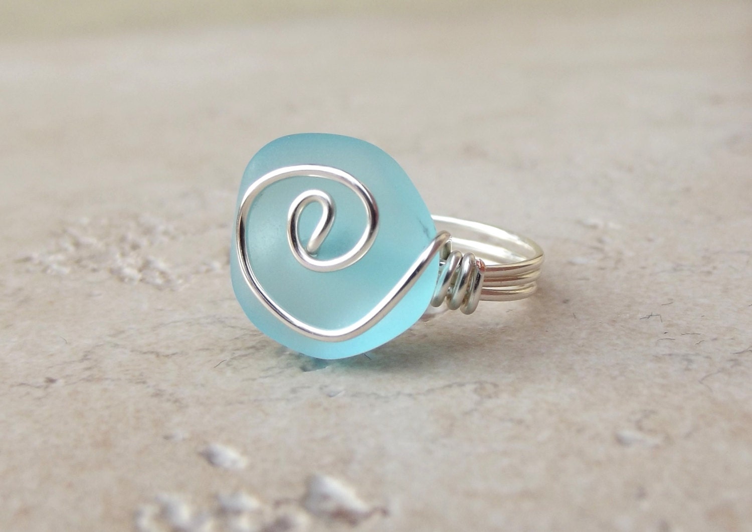 Ocean Blue Sea Glass Ring:  Silver Wire Wrapped Turquoise Blue Beach Jewelry, Size 7