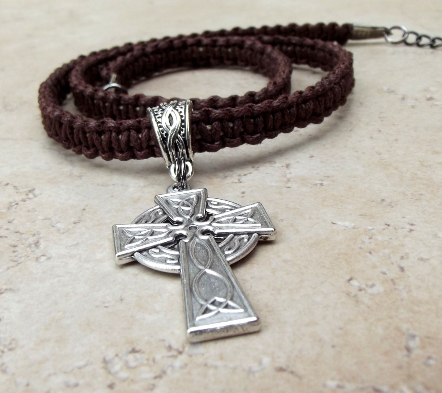 Father's Day Jewelry, Men's Celtic Cross Necklace, Chocolate Brown Macrame Hemp Cord Necklace, Man Gift