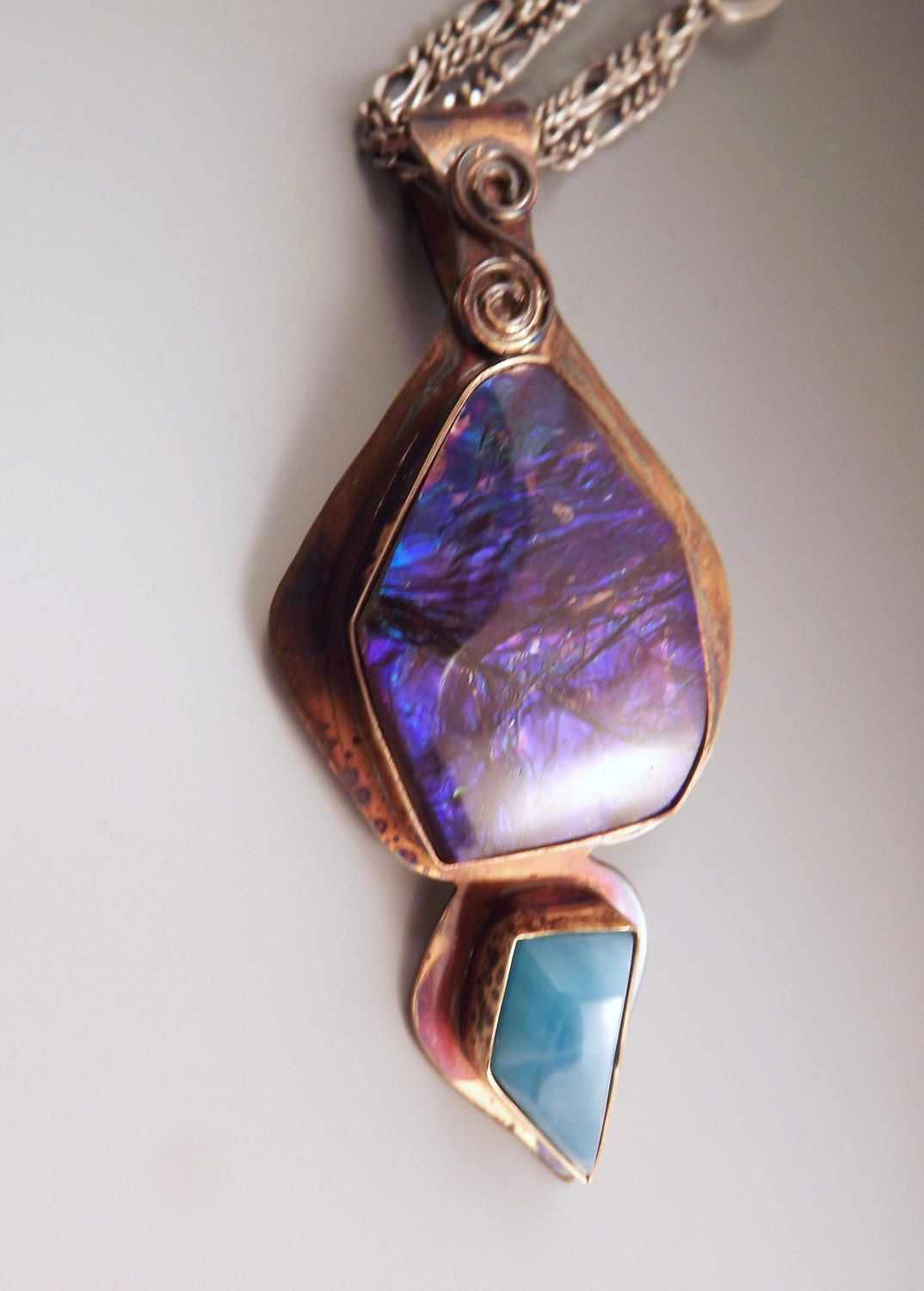 Blue Purple Ammolite and Larimar - Metal Art- One of a Kind- Patina Necklace