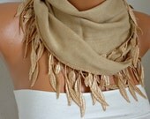 Camel Scarf - Pashmina Scarf - Cowl Scarf  with Lace Edge