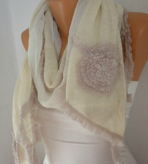 Beige Fabric Knitted Scarf - Shawl Scarf  Flower Scarf - Cowl Scarf - fatwoman