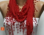 Red Scarf  - Cotton  Scarf -  Cowl Scarf with Lace Edge   - fatwoman