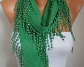 St. Patrick's Day Pigment Green Scarf  -  Pashmina Scarf  -  Cowl Scarf with Lace Edge - fatwoman