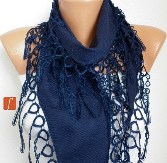 Dark Blue Scarf Pashmina Scarf Cowl with Lace Edge Indigo Gift for Her