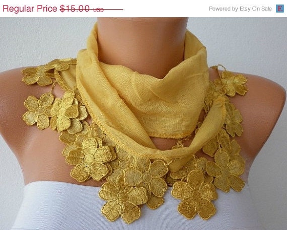 BIG SALE Mustard Scarf  - Cotton  Scarf - Cowl Scarf - Shawl  with Lace Edge  - fatwoman