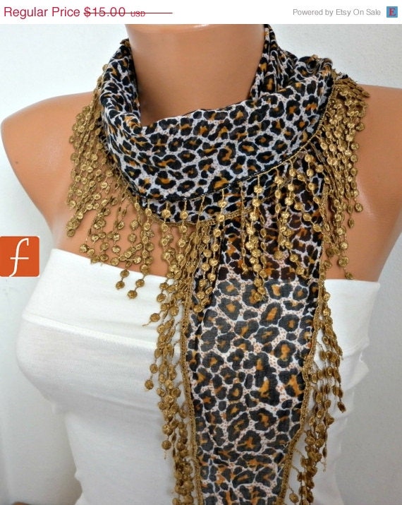 BIG SALE Leopard  Scarf -  Cotton Scarf -  Cowl with  Lace Edge