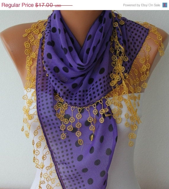 BIG SALE Polka Dot  Scarf -  Cotton Scarves - Cowl with  Lace Edge - Purple - fatwoman