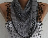 BIG SALE Gray Plaid  Scarf -  Cotton Scarf  Cowl Scarf with  Lace Edge - fatwoman
