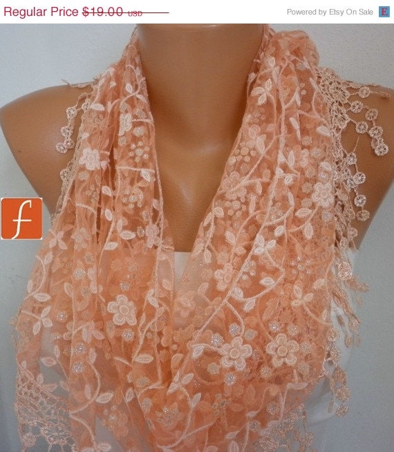 BIG SALE Apricot Scarf  - Lace  Scarf - Cowl Scarf  with Lace Edge Women's Fashion Shawl Scarf   - fatwoman