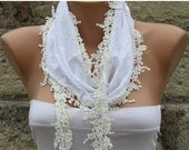 BIG SALE White Scarf  - Cotton  Scarf -  Cowl with Lace Edge   -fatwoman - Bridesmaids Gifts