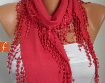 Red Scarf Women Pashmina Scarf - Cotton Scarf - - Cowl with Lace Edge - fatwoman
