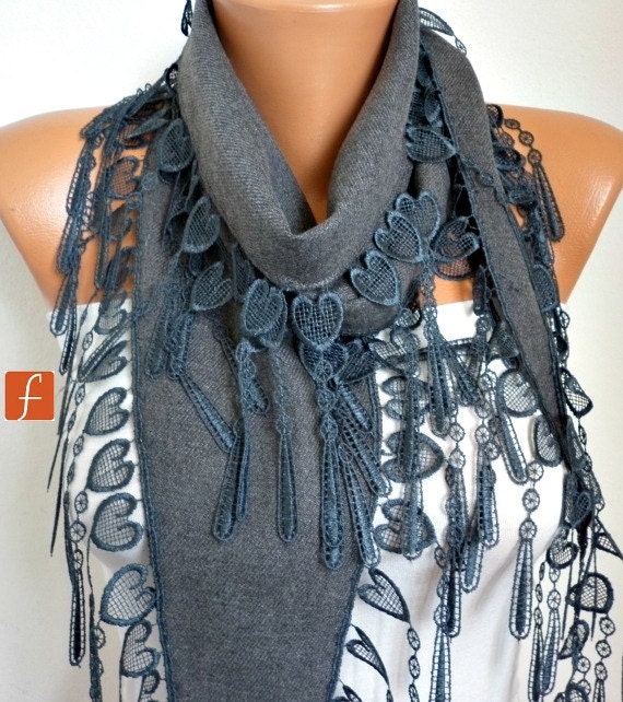 Gray Scarf  -  Pashmina Scarf  -  Cowl with Lace Edge