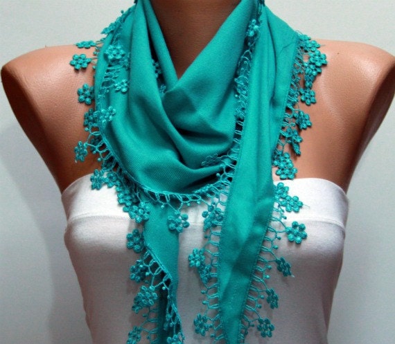 Teal Scarf  -  Pashmina Scarf  -  Cowl Scarf with Lace Edge - fatwoman