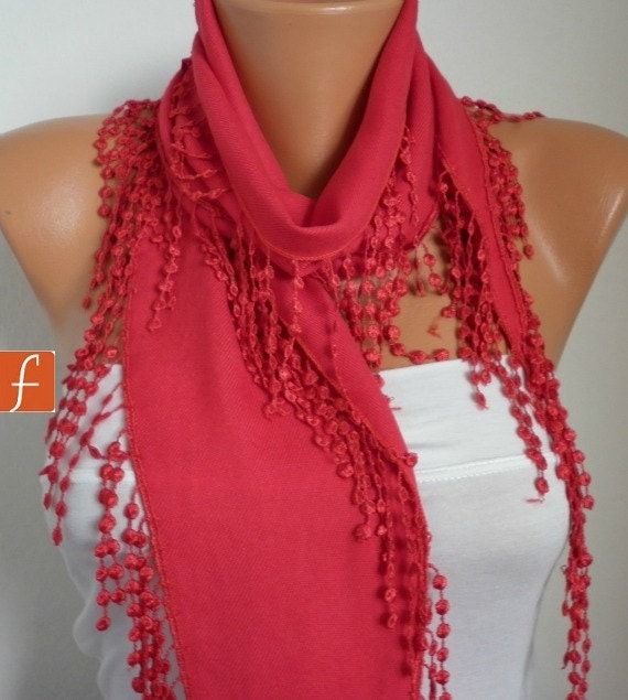 Red Scarf Women Pashmina Scarf - Cotton Scarf - - Cowl with Lace Edge - fatwoman