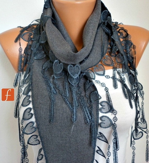 Gray Scarf  -  Pashmina Scarf  -  Cowl Scarf with Lace Edge - fatwoman