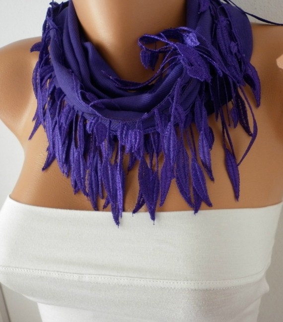 Purple Scarf  -  Pashmina Scarf  -  Cowl Scarf with Lace Edge - fatwoman