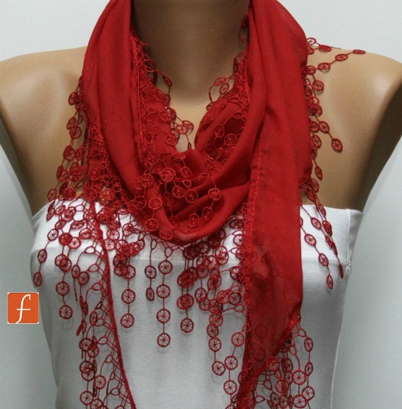 Red Scarf  - Cotton  Scarf -  Cowl Scarf with Lace Edge   - fatwoman