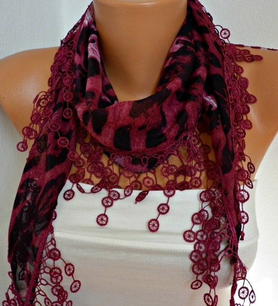 Burgundy  Leopard  Scarf  -  Cowl Scarf  Cotton Scarf  - fatwoman
